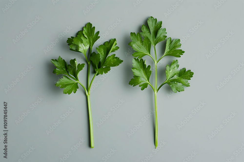 two branches of healthy ripe parsley isolated on grey two branches of healthy ripe parsley isolated on grey