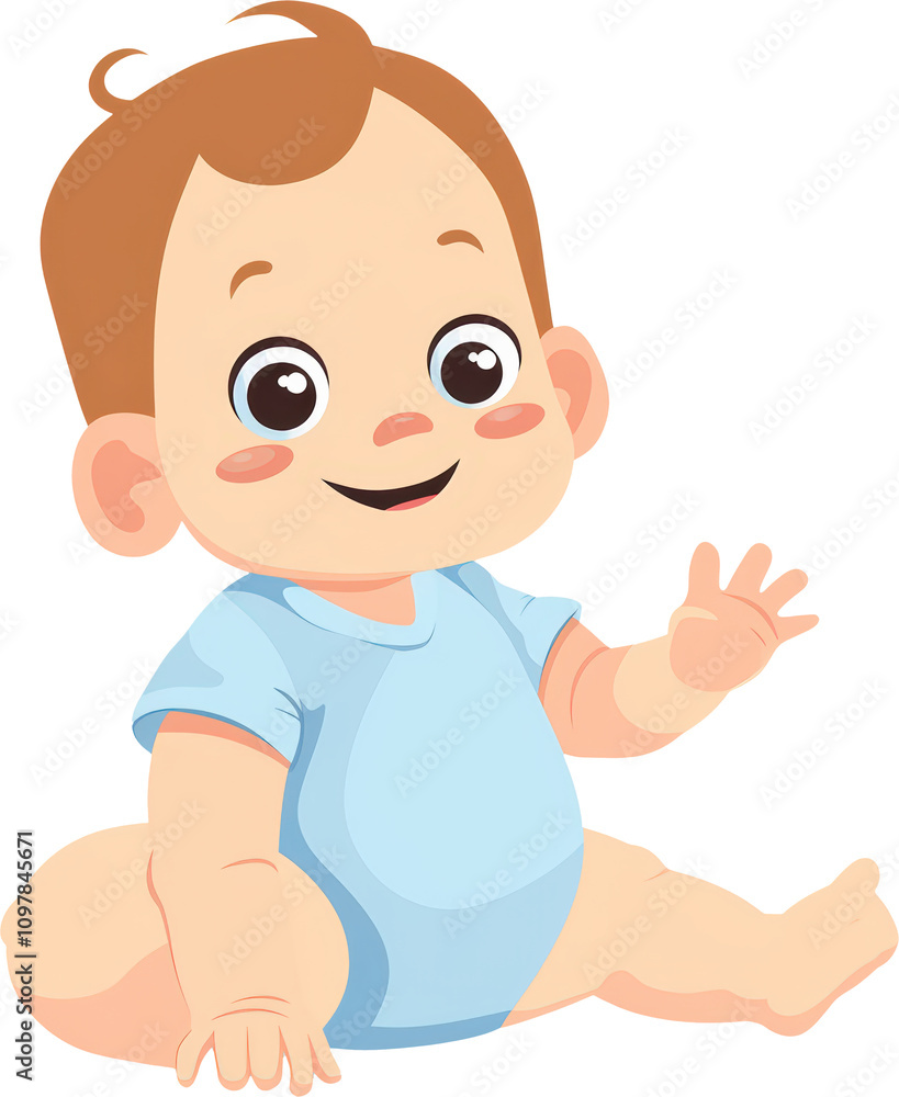 Cute baby boy in blue outfit waving cheerfully Cute baby boy in blue outfit waving cheerfully