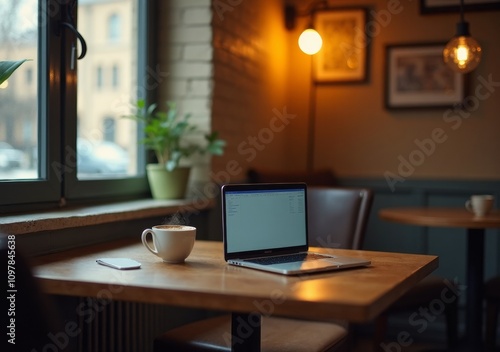 Cozy workspace with a laptop and coffee near a window in a cafe.