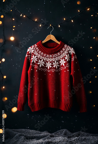 A red knitted sweater with snowflakes, hanging on a wooden hanger with fairy lights.

 photo