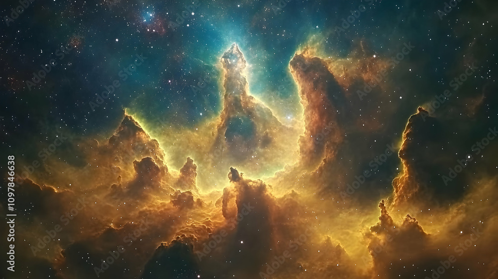 Fototapeta premium Cosmic Clouds - Golden Nebula Background