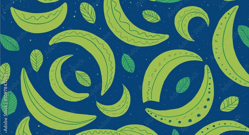 Fototapeta premium Green Crescent pattern hand drawn design on Brown background illustration