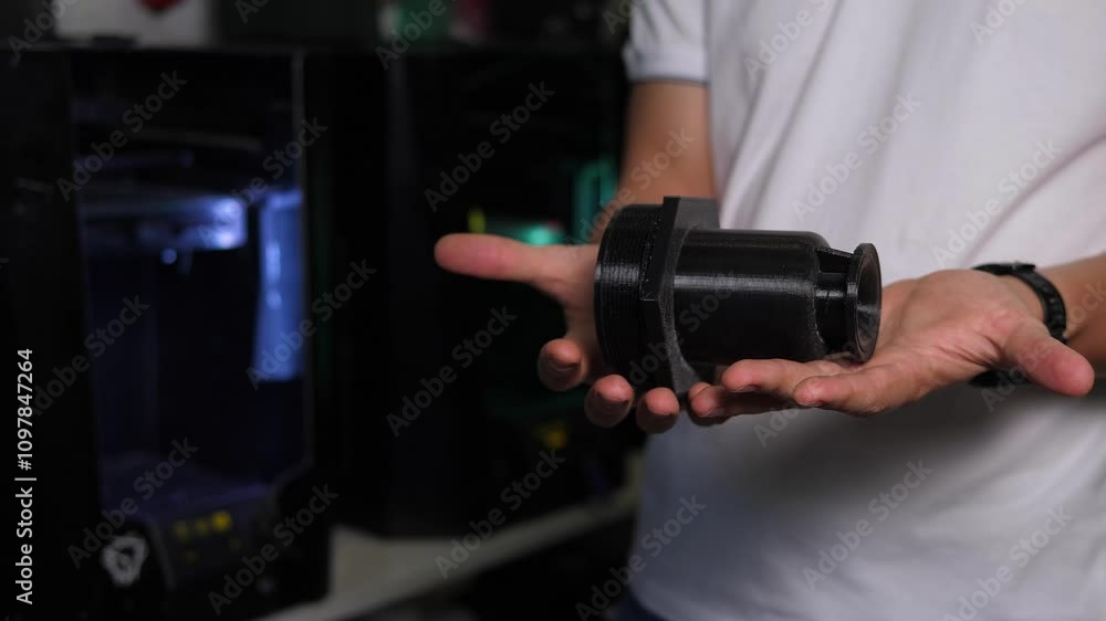 A man holds figures created on a 3D printer in his hands. 3D technology. Models printed on a 3D printer made of hot molten plastic. The object was created on a high-tech digital printer. A man holds figures created on a 3D printer in his hands. 3D technology. Models printed on a 3D printer made of hot molten plastic. The object was created on a high-tech digital printer.