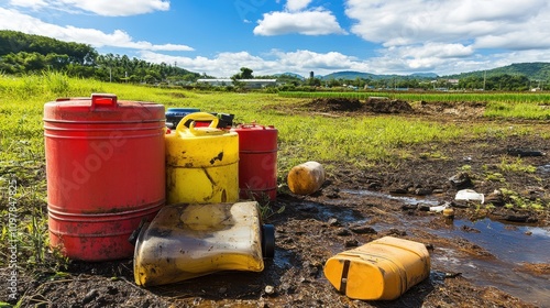 Polluted Agricultural Field with Pesticide Containers