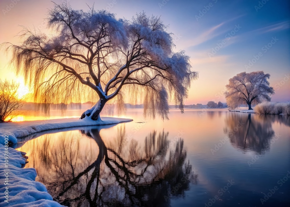 Dreamlike Silhouette of an Old Willow Tree by a Tranquil Winter Lake at Dusk, Evoking a Sense of Peace and Serenity in a Frosty Landscape Dreamlike Silhouette of an Old Willow Tree by a Tranquil Winter Lake at Dusk, Evoking a Sense of Peace and Serenity in a Frosty Landscape