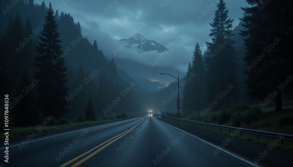 Mysterious misty road through dark forest with mountains in the background at night Mysterious misty road through dark forest with mountains in the background at night