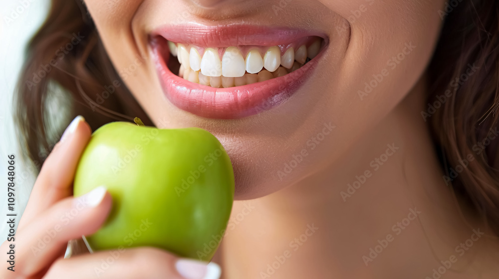 A healthy green apple sits next to a bright, clean smile, symbolizing the importance of dental health. A healthy green apple sits next to a bright, clean smile, symbolizing the importance of dental health.
