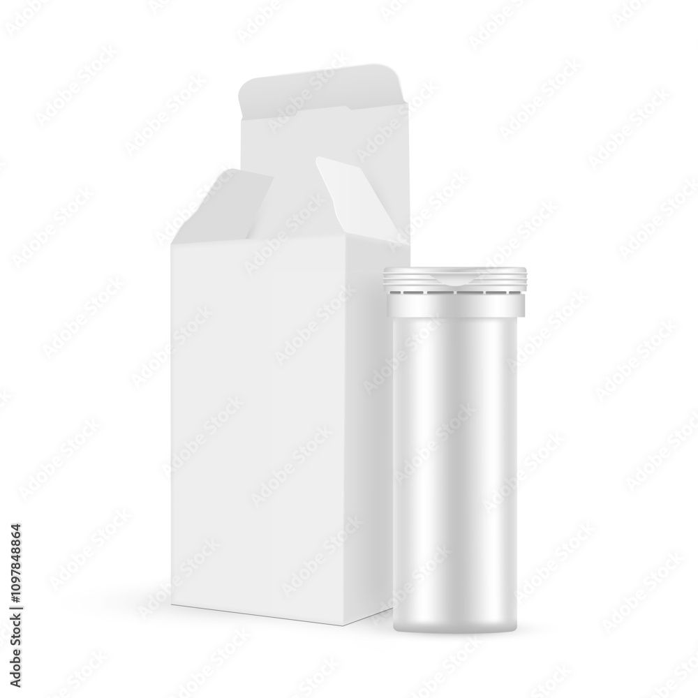 Paper Packaging Box With Small Effervescent Tablets Tube, Isolated On White Background. Vector Illustration Paper Packaging Box With Small Effervescent Tablets Tube, Isolated On White Background. Vector Illustration