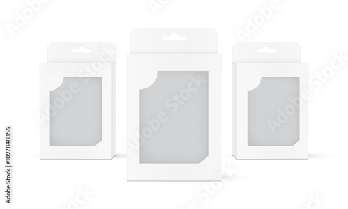 Three Hanging Packaging Boxes With Transparent Window, Front View, Isolated On White Background. Vector Illustration