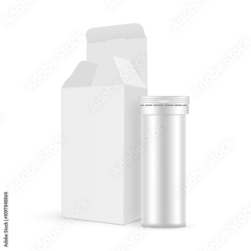 Paper Packaging Box With Small Effervescent Tablets Tube, Isolated On White Background. Vector Illustration