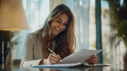 Property buyer signing brokerage contract with female real estate consultant with beautiful smile, both profile views, Cinematic, Photoshoot, AI Generative