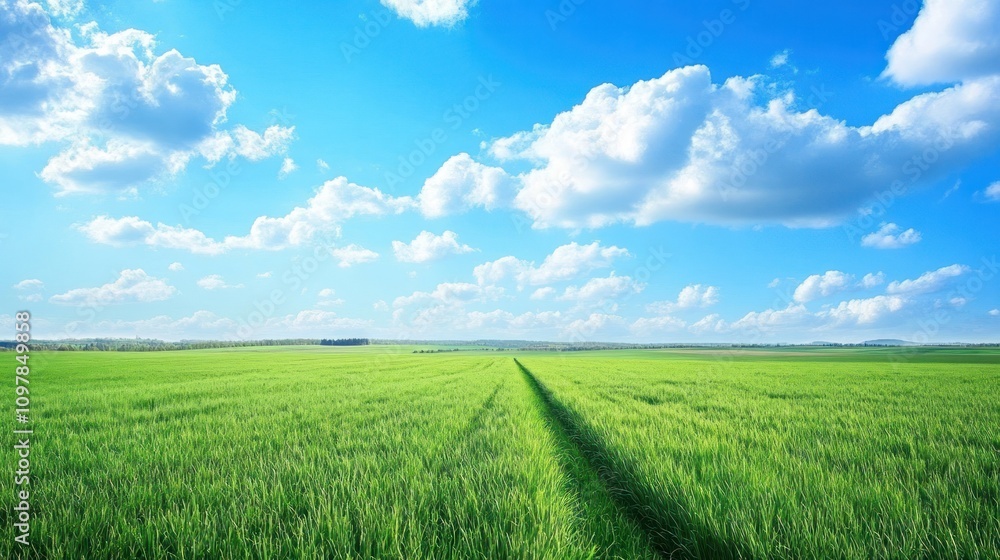 a green field leading into the distance and a vast blue sky creating a tranquil outdoor a green field leading into the distance and a vast blue sky creating a tranquil outdoor