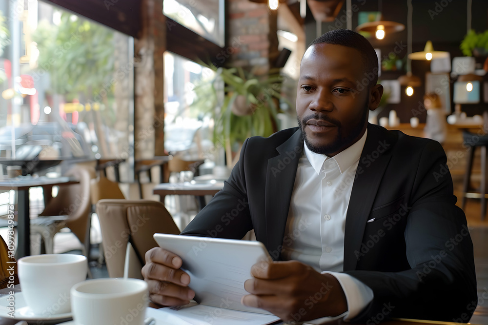 handsome african american businessman having idea and using digital tablet during coffee break in handsome african american businessman having idea and using digital tablet during coffee break in