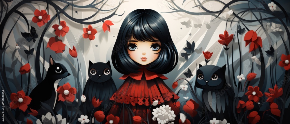 Fototapeta premium Mysterious Girl Surrounded by Enchanted Forest and Stylized Animals