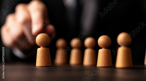 business strategy leadership scalability Concept.A close-up of a hand reaching for a wooden pawn among several, symbolizing decision-making, leadership, or strategy in a professional context.