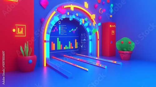 Fototapeta Naklejka Na Ścianę i Meble -  3D Render of Light Tunnel with Graphs and Charts Displayed on Walls