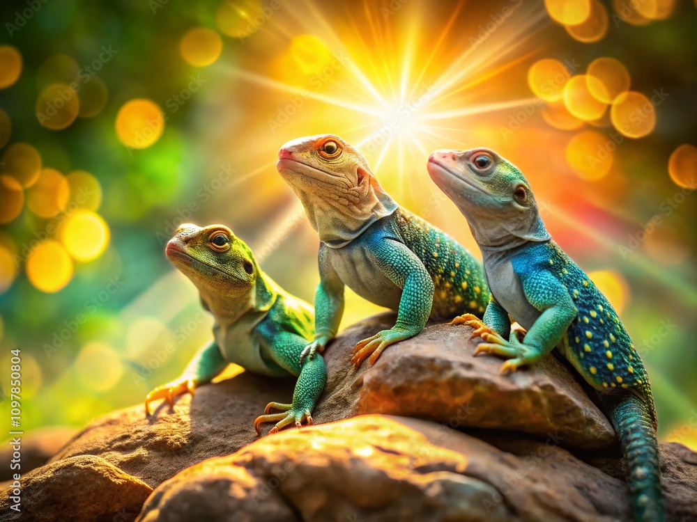 Fototapeta premium Eastern Collared Lizards basking on a sunlit stone with sunbeams and Bokeh effect, showcasing three vibrant lizards in their natural habitat during a bright sunny day.