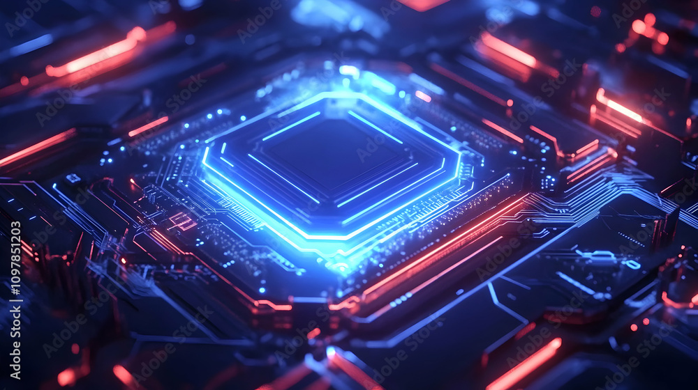 A glowing blue microchip centerpiece on a circuit board, showcasing futuristic technology and advanced computational power. A glowing blue microchip centerpiece on a circuit board, showcasing futuristic technology and advanced computational power.