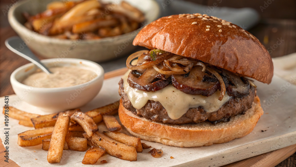 Mushroom Swiss Burger with Fries and Dipping Sauce Mushroom Swiss Burger with Fries and Dipping Sauce