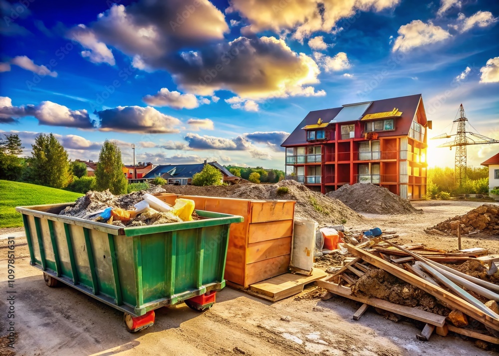 Efficient Disposal of Residential Construction Debris in a Roll-Off Dumpster at a Construction Site, Showcasing Sustainable Waste Management Practices and Urban Development