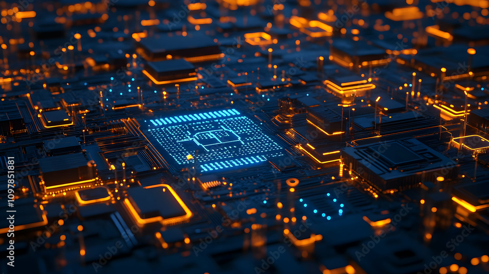 Obraz premium An orange-blue microchip-like structure glowing on a futuristic circuit board, showcasing a balance between connectivity and security