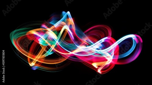 Abstract colorful light painting swirls on black background.