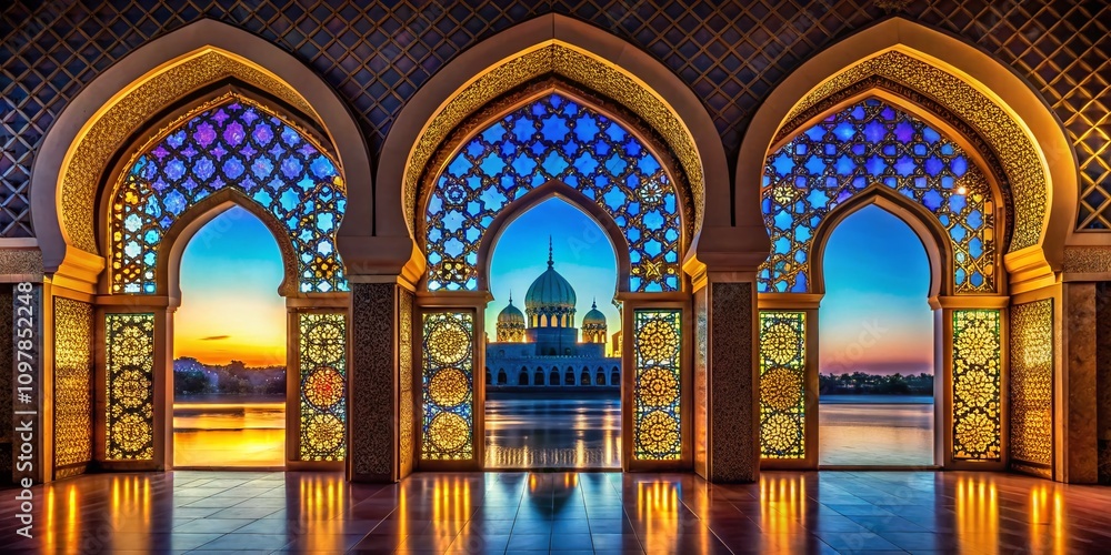 Obraz premium Elegant Arabic Night Photography Featuring Islamic Geometric Patterns and Intricate Window Designs for a Captivating Seamless Background