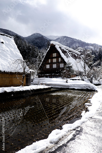 水田に映る合掌造り photo