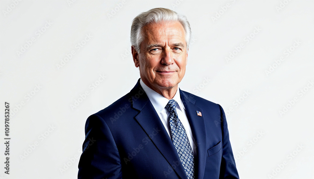 Portrait of an American male senator in formal attire with a white background.
Portrait of an American male senator in formal attire with a white background.