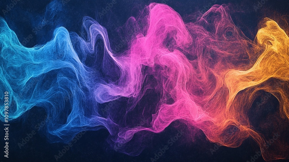 Fototapeta premium Abstract glowing color gradient with blue, pink, and yellow waves over a dark textured background, perfect for banners or headers