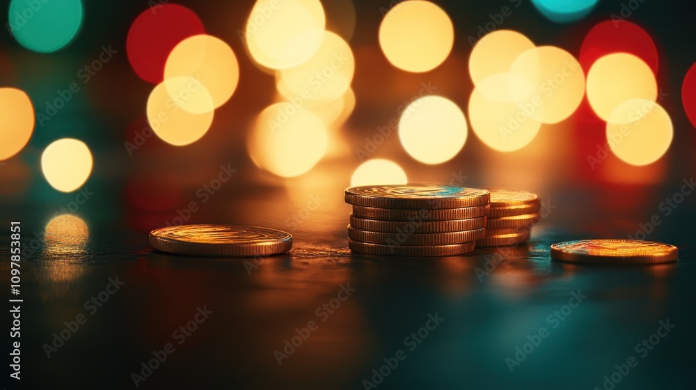 A stack of coins in focus against a colorful, blurred background. A stack of coins in focus against a colorful, blurred background.
