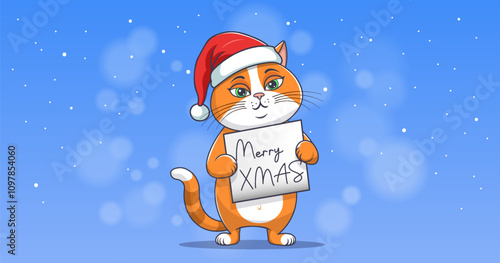 Vector cute cartoon sad ginger kind cat with poster. Cuddly affectionate friendly pet. Good cat in Santa Claus hat. Merry Christmas and Happy New Year. Winter landscape.
