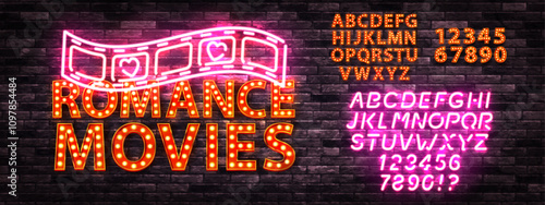 Vector neon sign of Romance Movies with neon alphabet and billboards isolated on wall background.