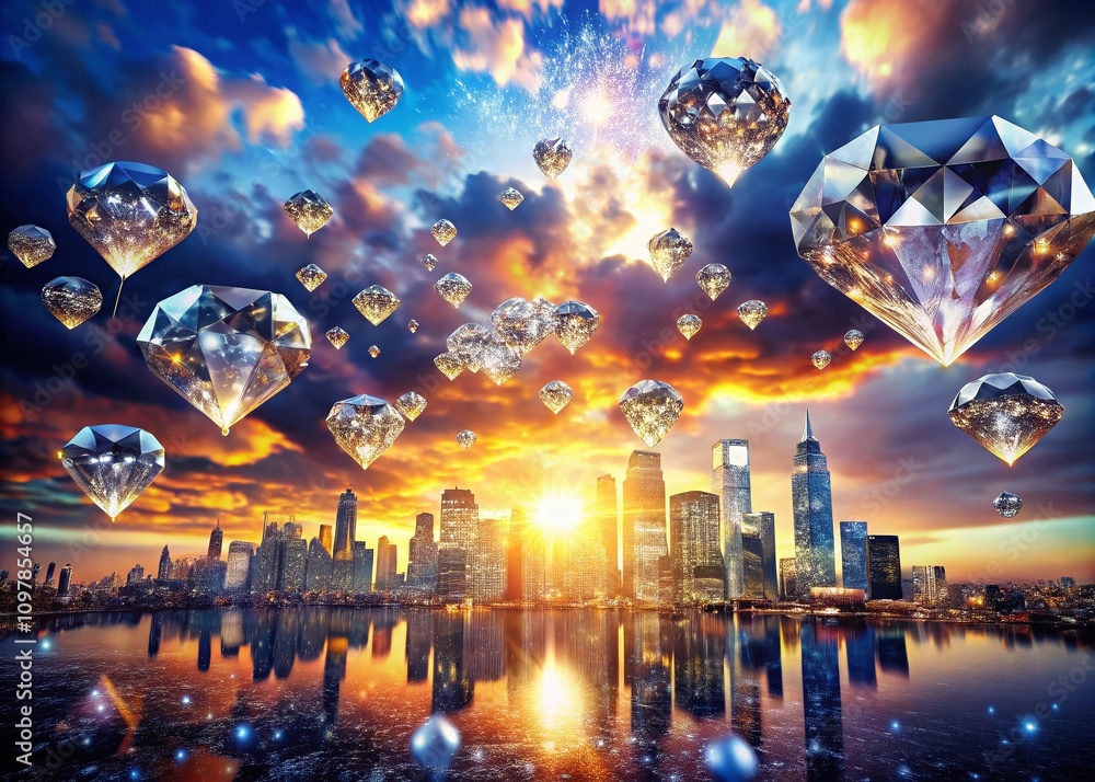 Obraz premium Elegant Diamond Explosions and Glittering Clouds of Crystals in Urban Exploration Photography Capturing the Beauty of Diamonds in Flight Against a City Backdrop