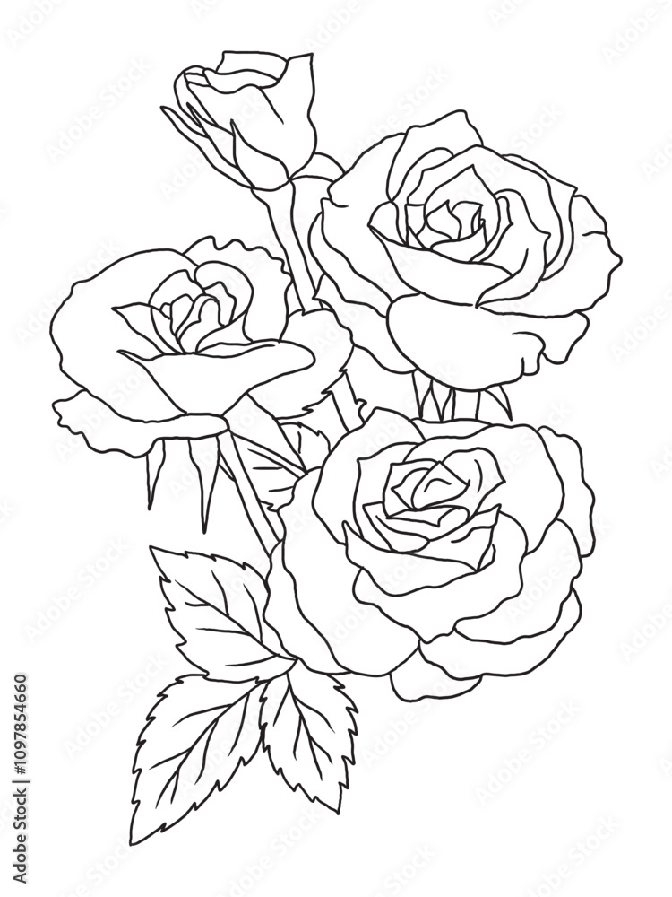 Beautiful black-and-white rose illustration with fine details, ideal for coloring books. Great for art enthusiasts, floral lovers, and creative projects. Beautiful black-and-white rose illustration with fine details, ideal for coloring books. Great for art enthusiasts, floral lovers, and creative projects.