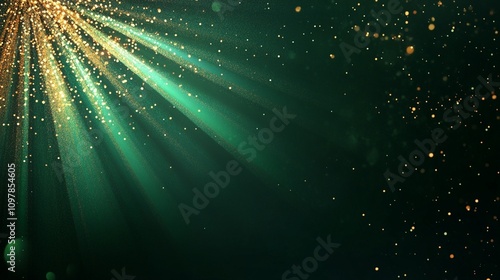 Abstract green light burst with asymmetric rays on a dark green background, accented by golden and yellow sparkling effects