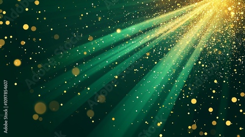 Abstract green light burst with asymmetric rays on a dark green background, accented by golden and yellow sparkling effects