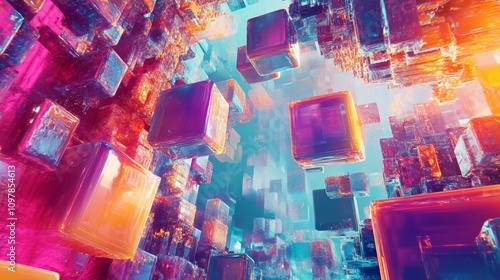 Abstract metaverse design with floating digital blocks and cube patterns symbolizing advanced technology and connectivity