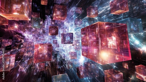Abstract metaverse design with floating digital blocks and cube patterns symbolizing advanced technology and connectivity