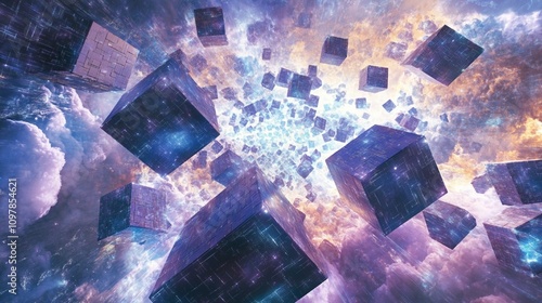 Abstract metaverse design with floating digital blocks and cube patterns symbolizing advanced technology and connectivity