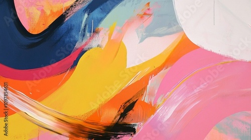 Abstract painting with vibrant curved shapes, soft edges, and flowing lines creating a dynamic, organic expressionist feel