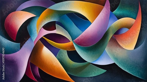 Abstract painting with vibrant curved shapes, soft edges, and flowing lines creating a dynamic, organic expressionist feel