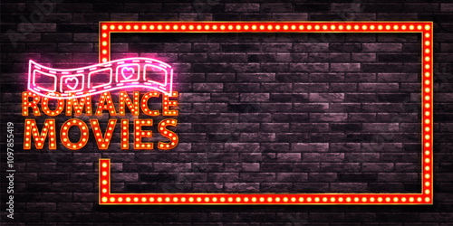 Vector neon sign of Romance Movies frame isolated on wall background.