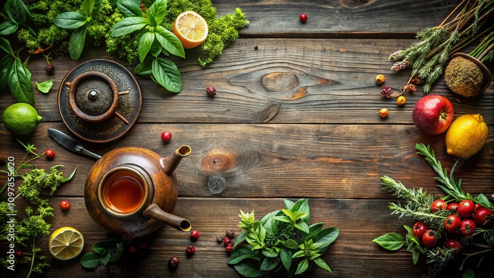 Elegant Food Background Featuring a Charming Tea Pot with Fresh Ingredients and Beautiful Textures, Perfect for Culinary Blogs, Recipes, or Beverage Menus Elegant Food Background Featuring a Charming Tea Pot with Fresh Ingredients and Beautiful Textures, Perfect for Culinary Blogs, Recipes, or Beverage Menus