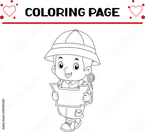 cute adventurous boy carrying backpack reading map coloring page for kids