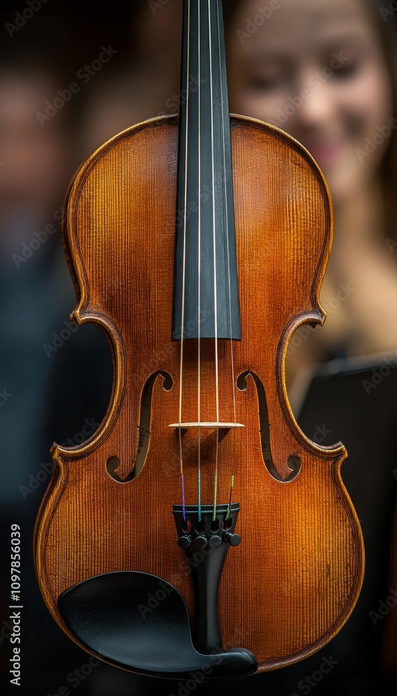 Close-up, Front View of a Violin with Blurred Orchestra on Stage During a Performance Close-up, Front View of a Violin with Blurred Orchestra on Stage During a Performance