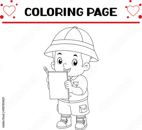 cute adventurous boy is observing taking notes about nature around-him coloring page for kids