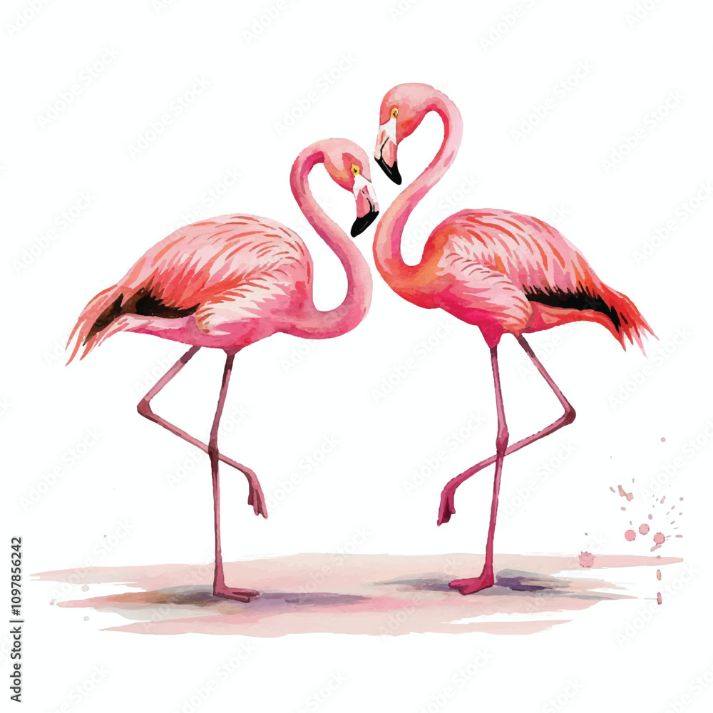 Fototapeta premium Watercolour pair of pink flamingo birds on white background.