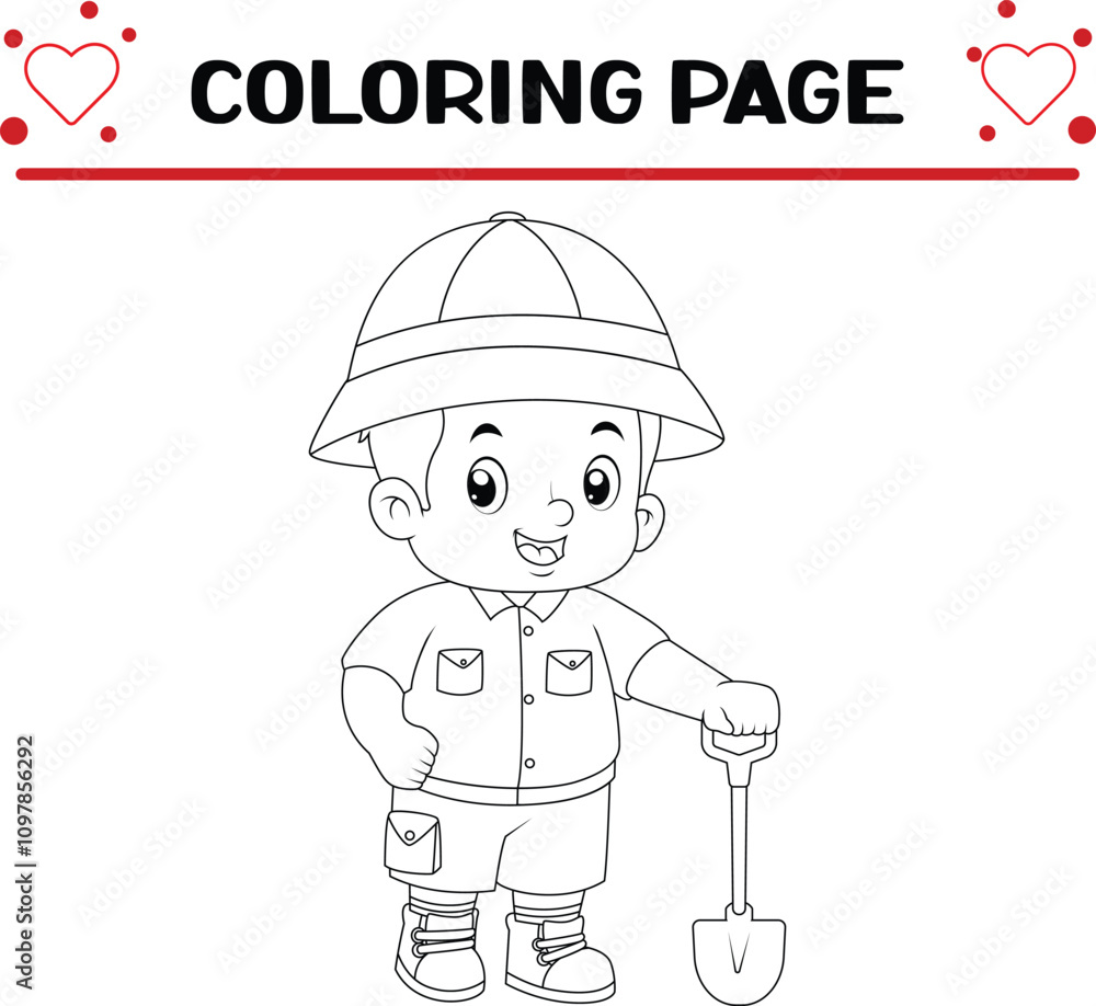 cute adventurous boy poses with shovel dig treasure coloring page for kids cute adventurous boy poses with shovel dig treasure coloring page for kids