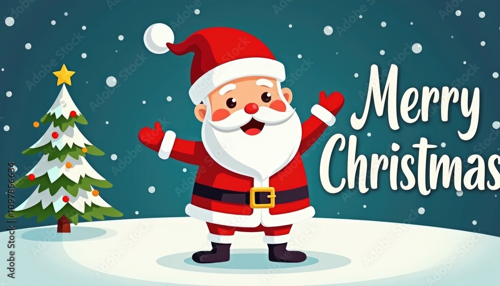 cartoon anime style Santa Claus with text Merry Christmas. blue background cartoon anime style Santa Claus with text Merry Christmas. blue background